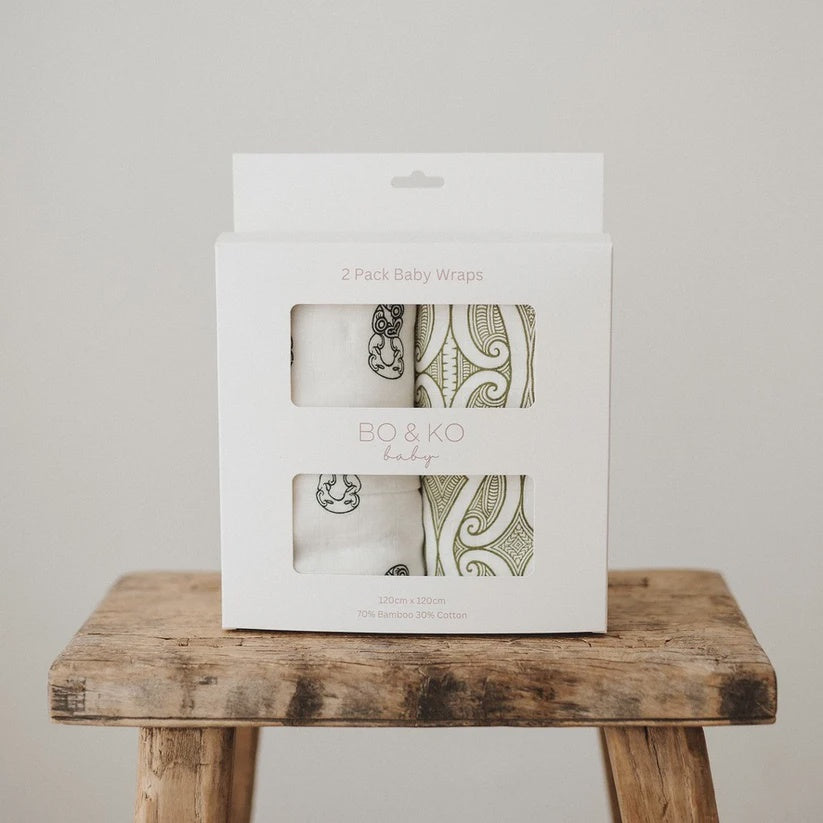 BO & KO - 2 Pack Muslin Wraps - Green Tiki + Green Te Pātiki