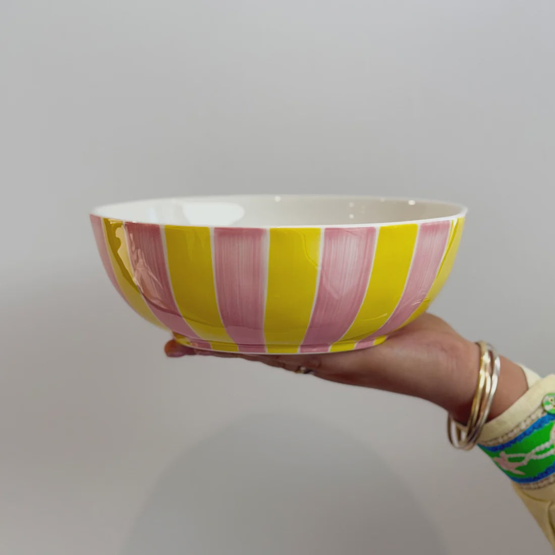 Ceramic Salad Bowl - Pink + Yellow Stripe