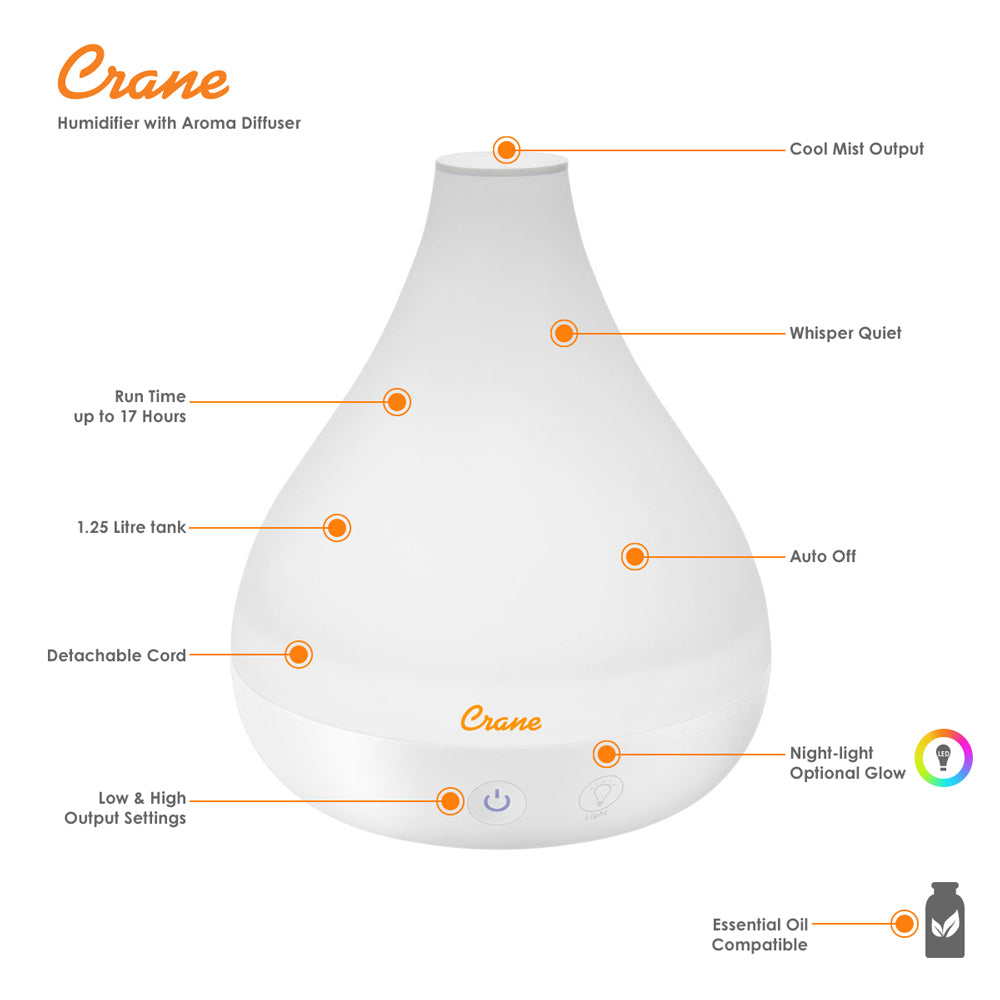 Crane - Cool Mist Humidifier + Aroma Diffuser - White