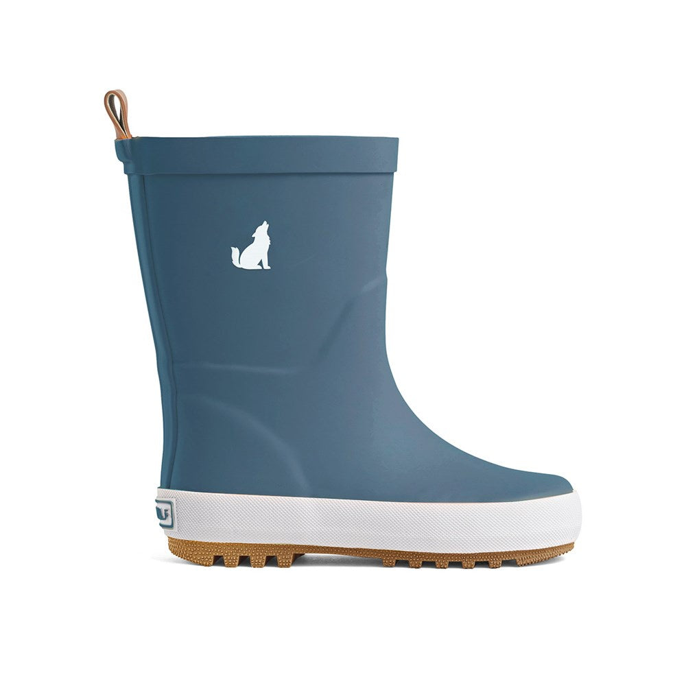 Crywolf Narrativ. NZ. Blue rain boot with a white logo on a white background