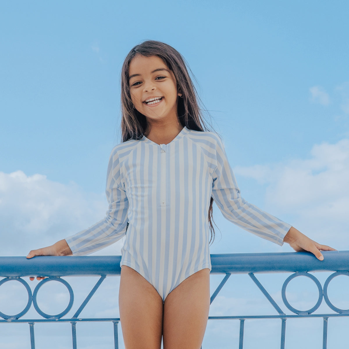Crywolf - Long Sleeve Swim Suit - Sky Blue Stripe