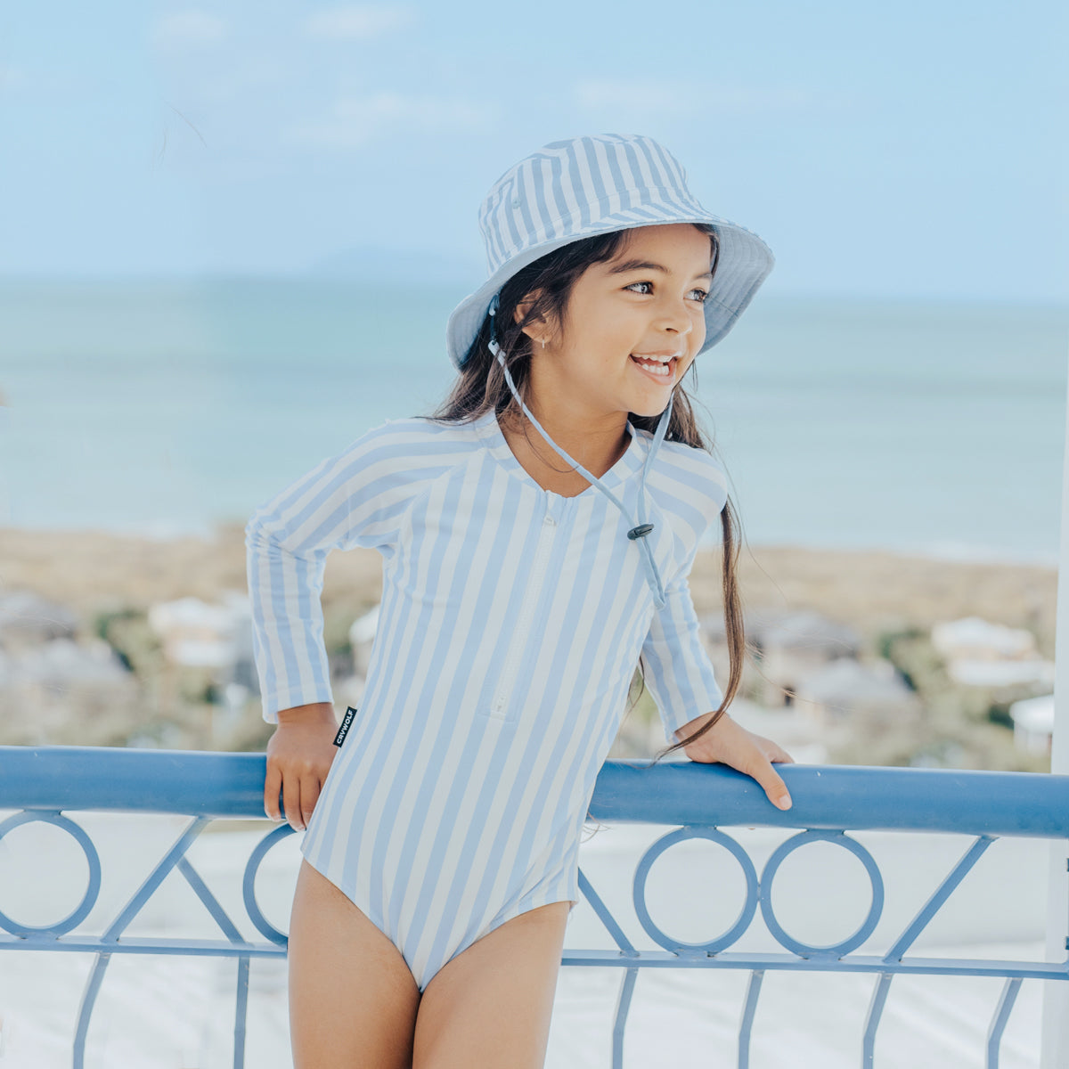 Crywolf - Long Sleeve Swim Suit - Sky Blue Stripe