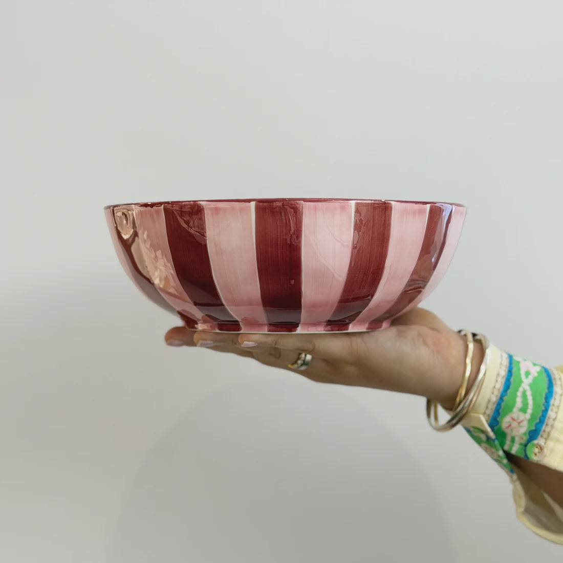 Ceramic Salad Bowl - Pink + Burgundy Stripe