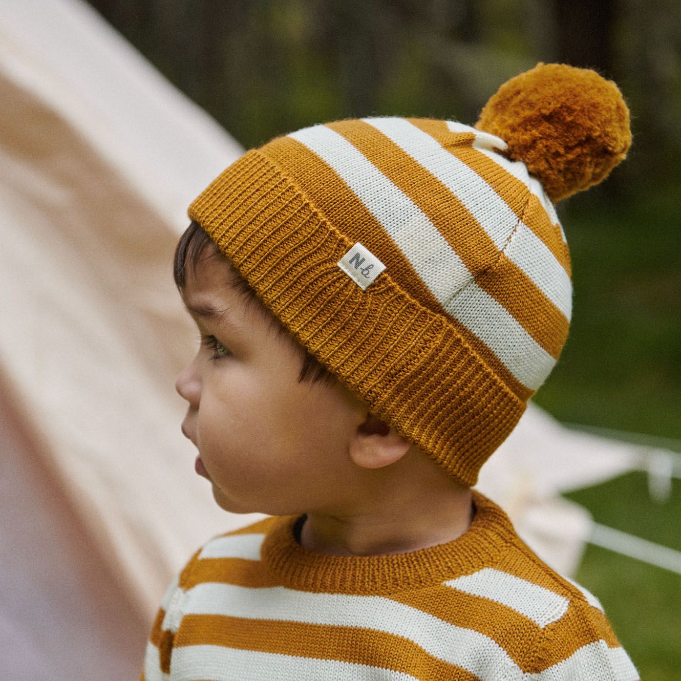 Nature Baby - Merino Pom Pom Beanie - Toffee Bold Stripe