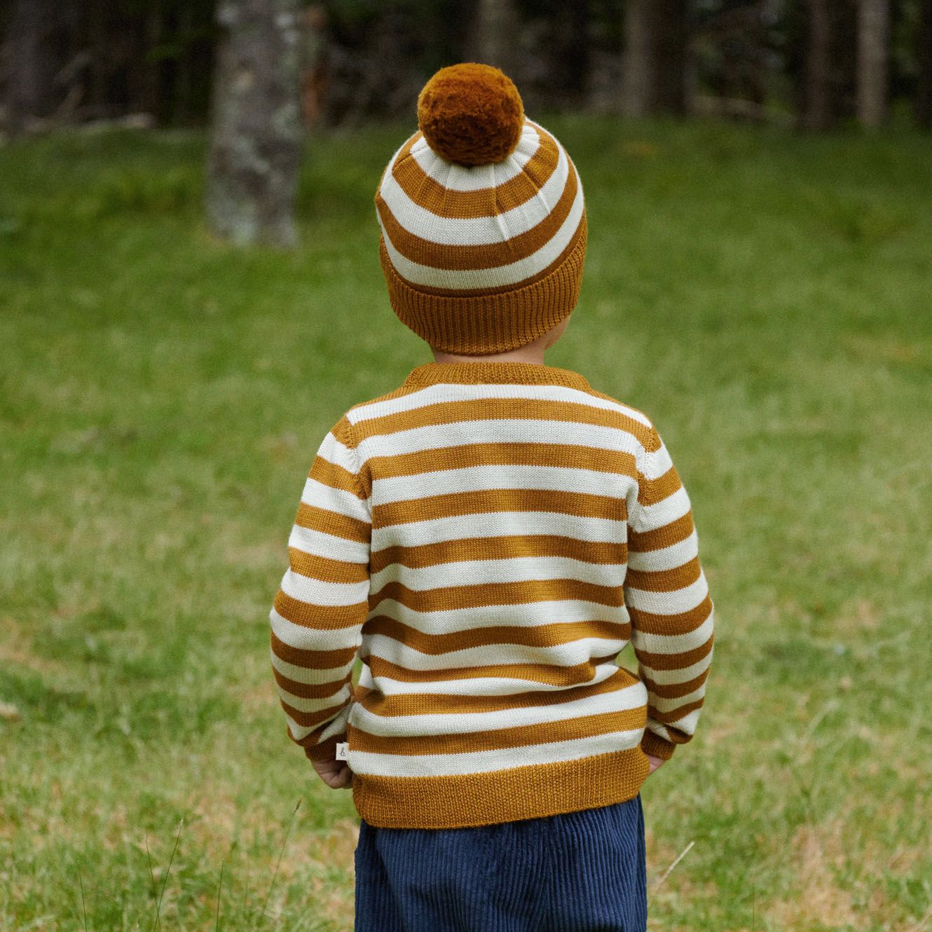Nature Baby - Merino Pom Pom Beanie - Toffee Bold Stripe