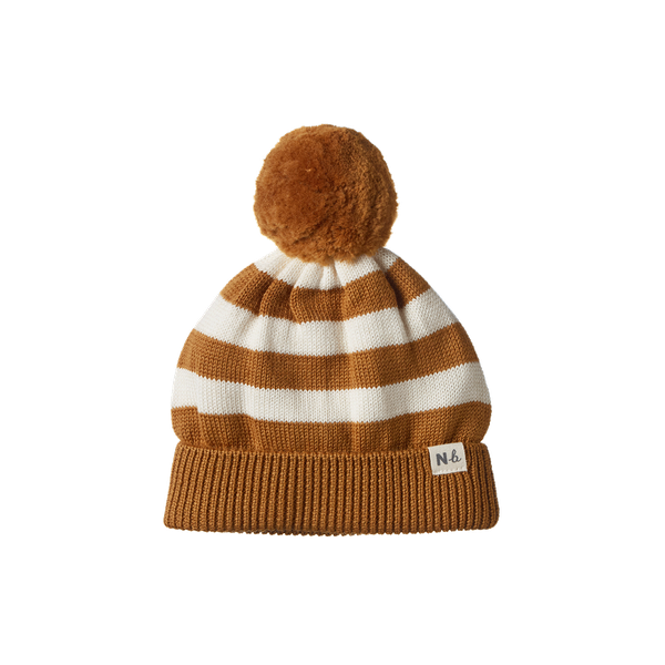 Nature Baby - Merino Pom Pom Beanie - Toffee Bold Stripe