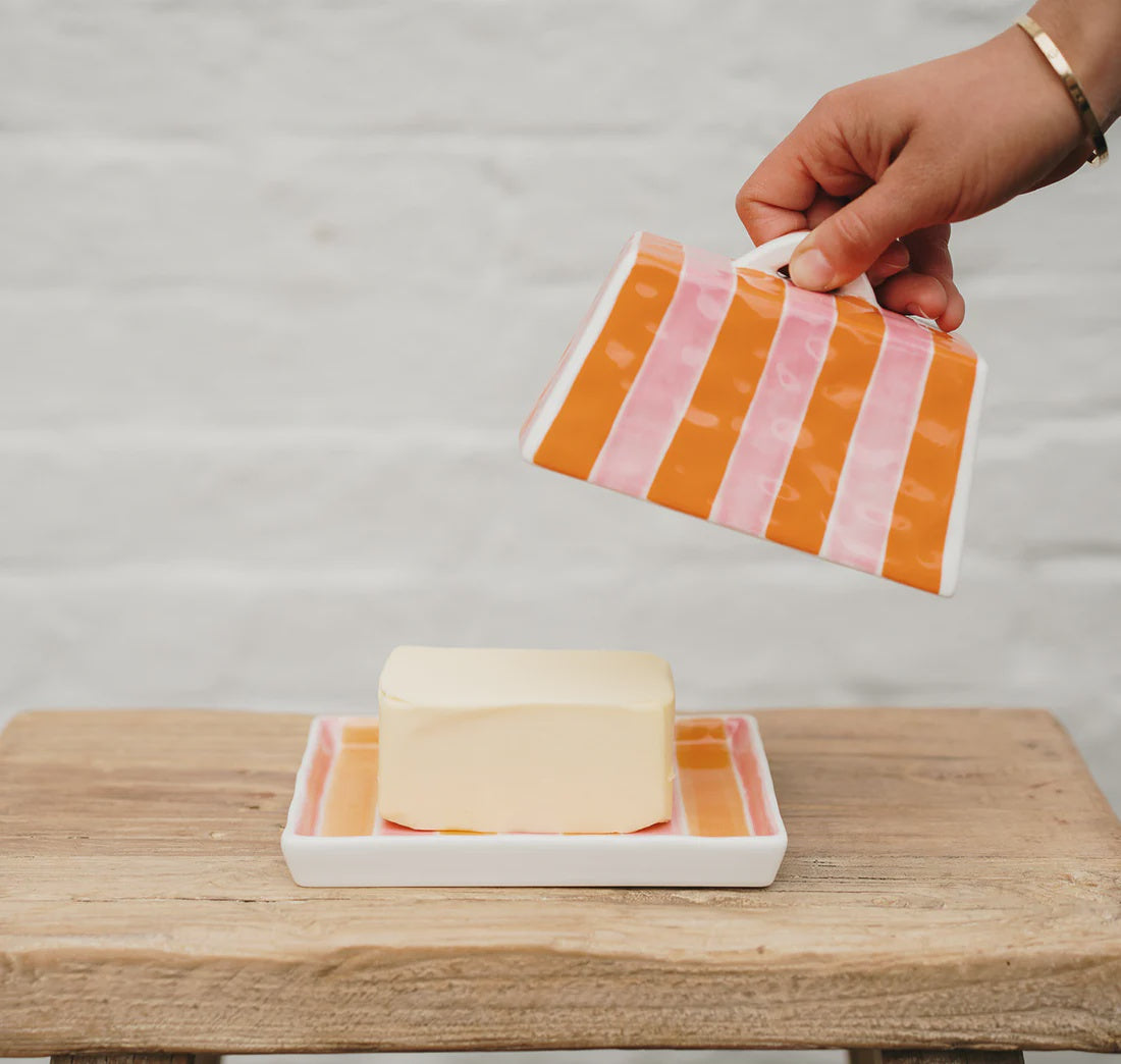 Large Butter Dish - Orange + Pink Stripe