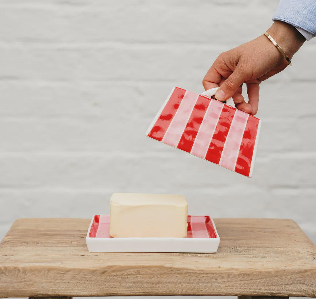 Large Butter Dish - Red + Pink Stripe
