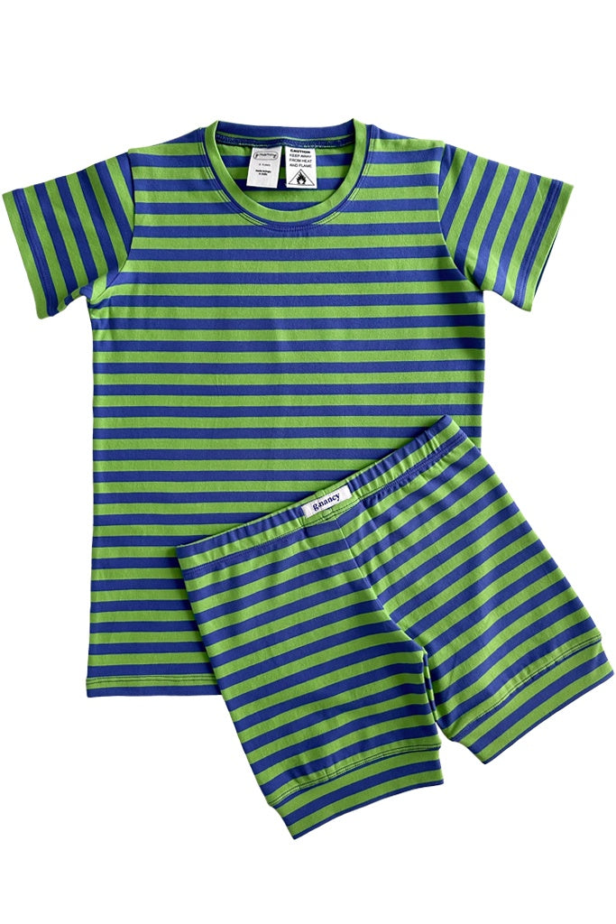 G.Nancy - Kids Shortie PJ Set - Leaf + So Blue Stripe