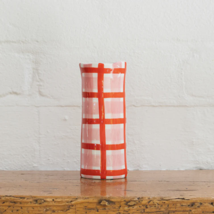 Small Pink + Red Gingham Vase