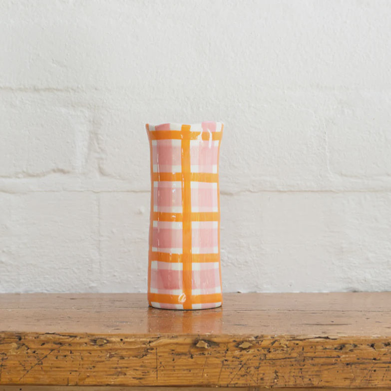 Small Pink + Orange Gingham Vase